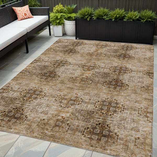 5' X 8' Taupe Floral Medallion Washable Non Skid Indoor Outdoor Area Rug N270-562993