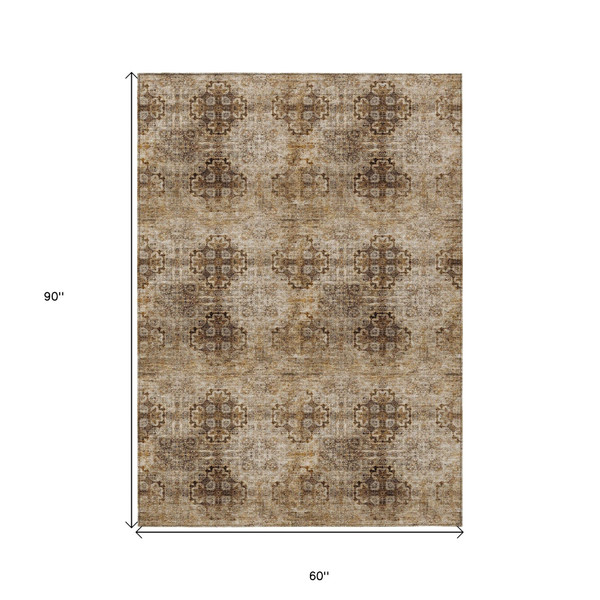 5' X 8' Taupe Floral Medallion Washable Non Skid Indoor Outdoor Area Rug N270-562993