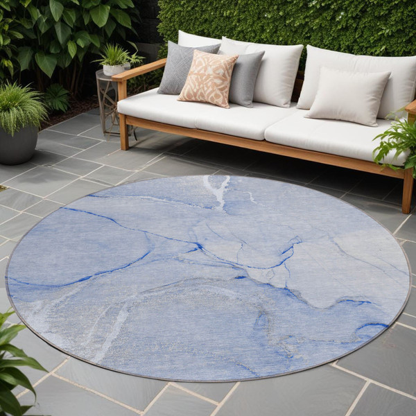 8' Round Blue Round Abstract Washable Non Skid Indoor Outdoor Area Rug N270-559889