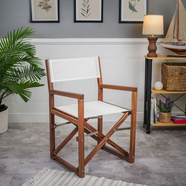 23" White and Natural Wood Solid Wood Indoor Outdoor Director Chair N270-476338