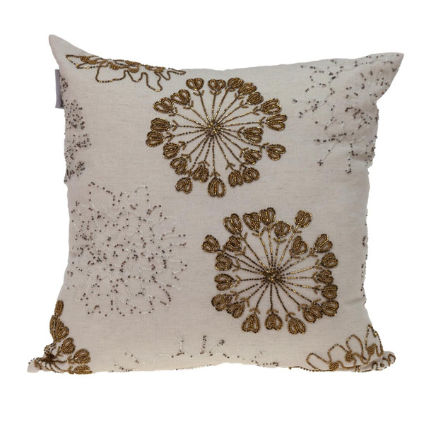 Natural and Golden Metallic Beaded Decorative Throw Pillow N270-402699