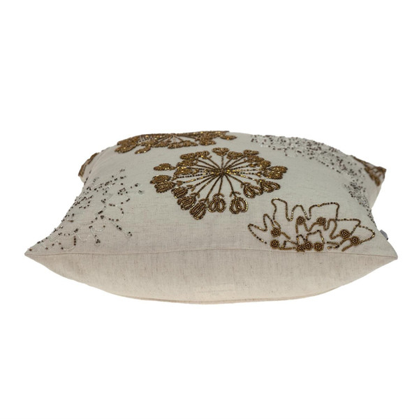 Natural and Golden Metallic Beaded Decorative Throw Pillow N270-402699