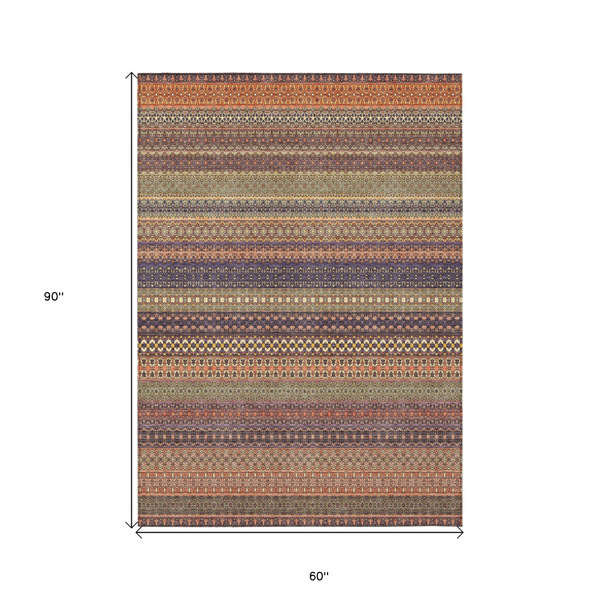 5' X 8' Orange Striped Washable Non Skid Indoor Outdoor Area Rug N270-560766