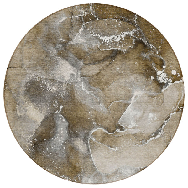 8' Round Brown and Gray Round Abstract Washable Non Skid Indoor Outdoor Area Rug N270-560288