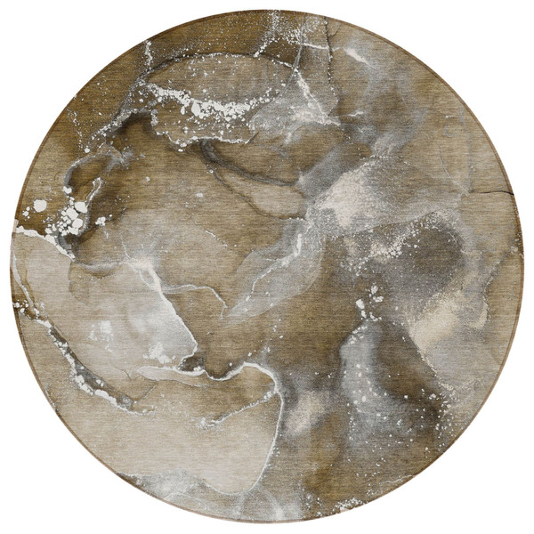 8' Round Brown and Gray Round Abstract Washable Non Skid Indoor Outdoor Area Rug N270-560288