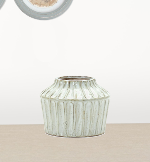 6" Ivory Ribbed Round Terracotta Table Vase N270-516244