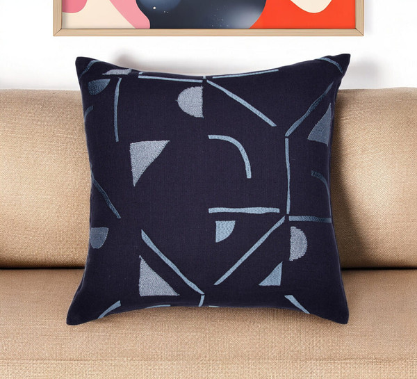 24" Blue Geometric Cotton Blend Throw Pillow With Embroidery N270-549419