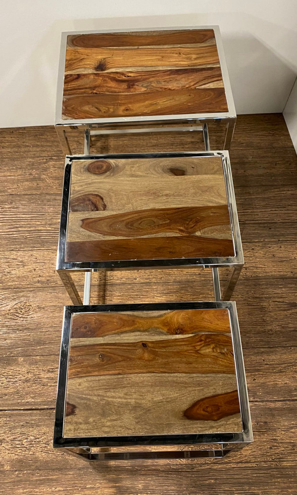 Set of Three 21" Silver And Brown Solid Wood Nested Tables N270-387689
