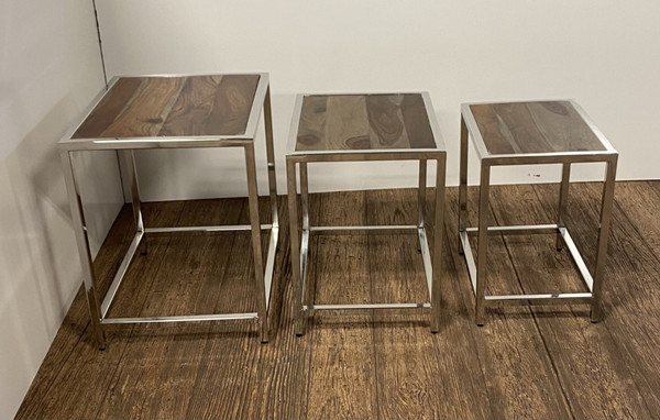 Set of Three 21" Silver And Brown Solid Wood Nested Tables N270-387689