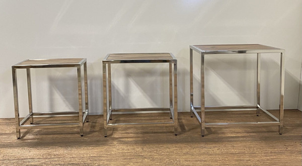 Set of Three 21" Silver And Brown Solid Wood Nested Tables N270-387689