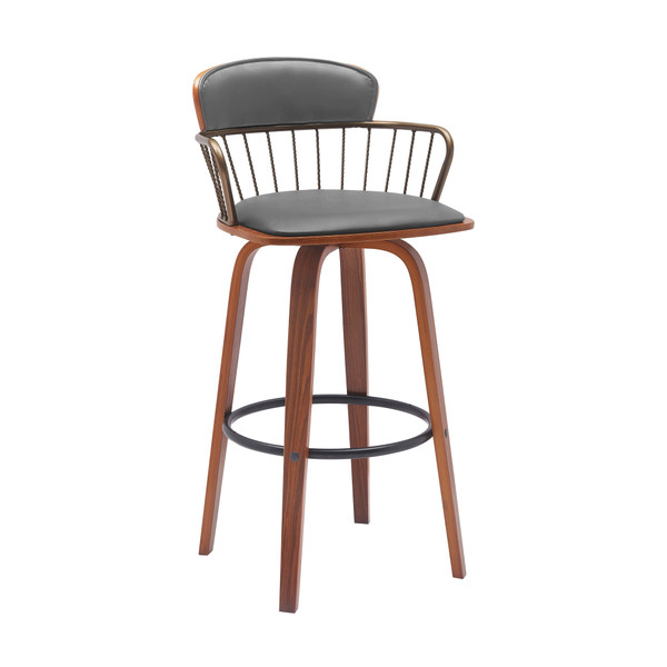 30" Gray And Wood Brown Faux Leather Swivel Low Back Bar Height Bar Chair N270-534444