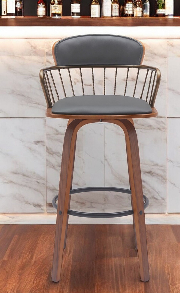 30" Gray And Wood Brown Faux Leather Swivel Low Back Bar Height Bar Chair N270-534444