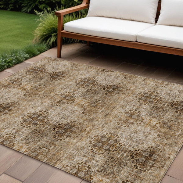 9' X 12' Taupe Floral Medallion Washable Non Skid Indoor Outdoor Area Rug N270-562996