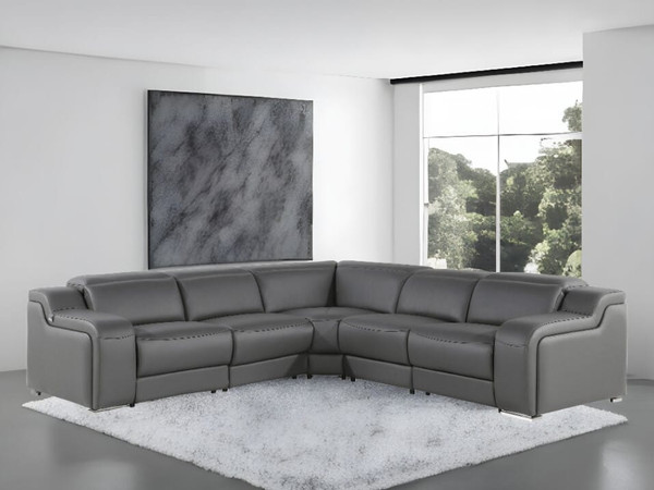 Dark Gray Italian Leather Power Reclining L Shaped Five Piece Corner Sectional N270-544981