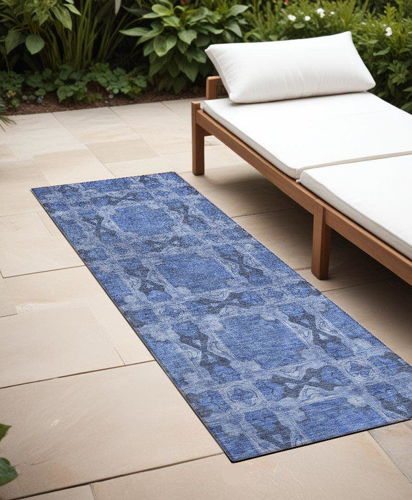 8' Runner Denim Blue and Gray Floral Medallion Washable Non Skid Indoor Outdoor Runner Rug N270-563413