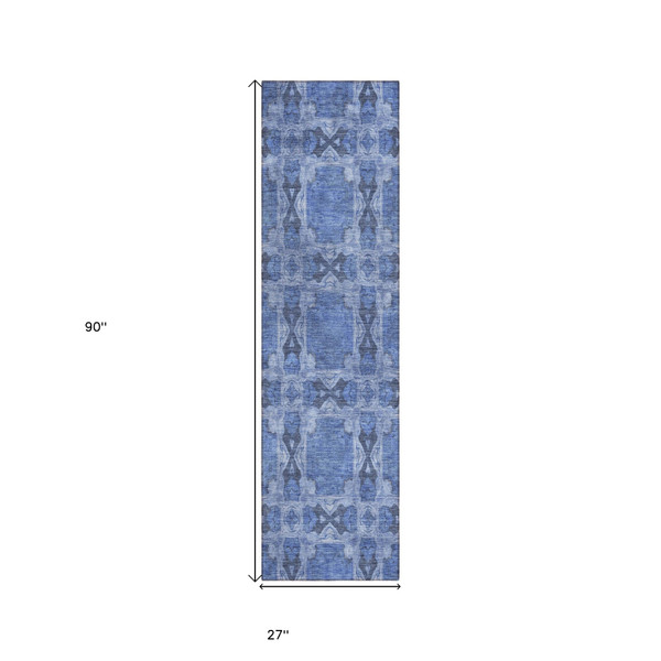8' Runner Denim Blue and Gray Floral Medallion Washable Non Skid Indoor Outdoor Runner Rug N270-563413