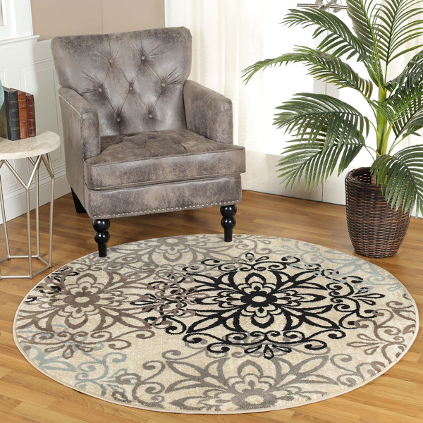 8' Round Tan Gray And Black Round Floral Medallion Stain Resistant Area Rug N270-486941