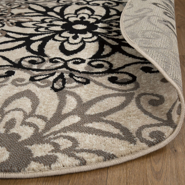 8' Round Tan Gray And Black Round Floral Medallion Stain Resistant Area Rug N270-486941