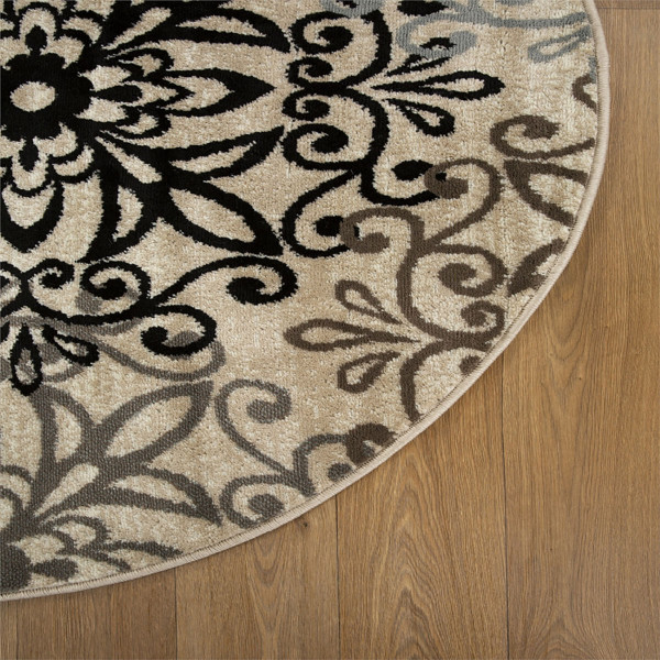 8' Round Tan Gray And Black Round Floral Medallion Stain Resistant Area Rug N270-486941