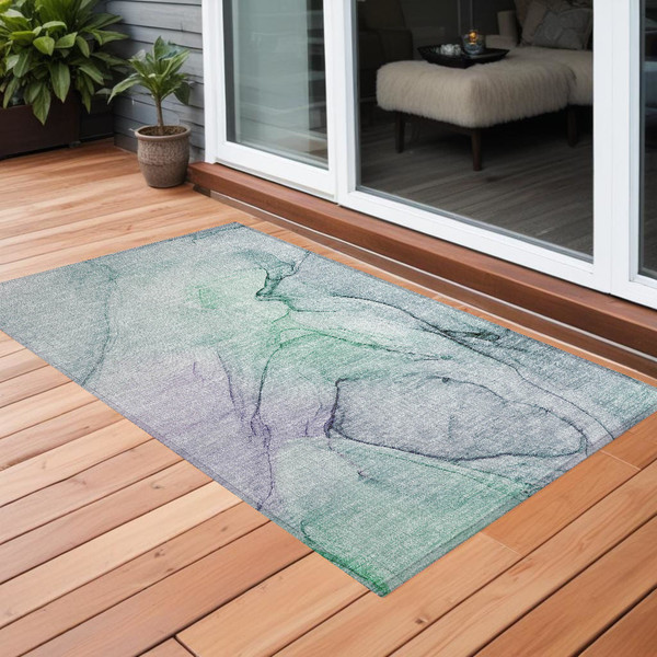 3' X 5' Blue and Gray Abstract Washable Non Skid Indoor Outdoor Area Rug N270-559355