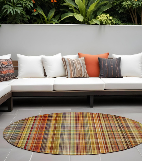 8' Round Orange Round Plaid Washable Non Skid Indoor Outdoor Area Rug N270-561899