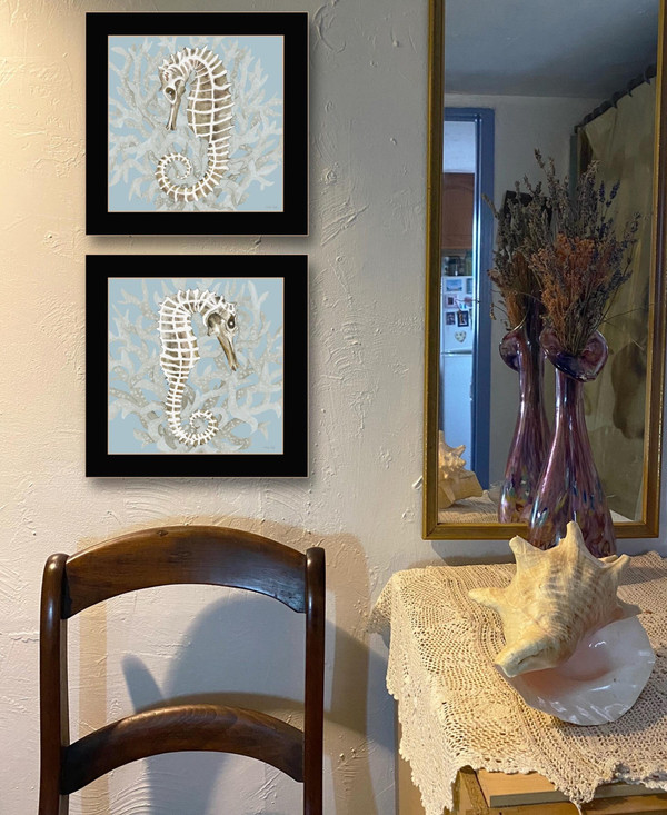 Set Of Two Coral Seahorse Black Framed Print Wall Art N270-407935