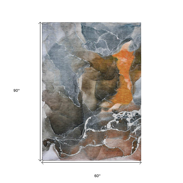5' X 8' Orange Abstract Washable Non Skid Indoor Outdoor Area Rug N270-559464