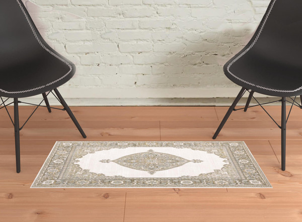 2' X 3' Beige and Ivory Oriental Power Loom Area Rug N270-510142