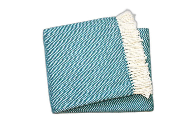 55" X 70" Teal Blue and White Woven Herringbone Plush Throw Blanket N270-474028