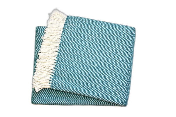 55" X 70" Teal Blue and White Woven Herringbone Plush Throw Blanket N270-474028