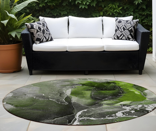 8' Round Green Round Abstract Washable Non Skid Indoor Outdoor Area Rug N270-559456