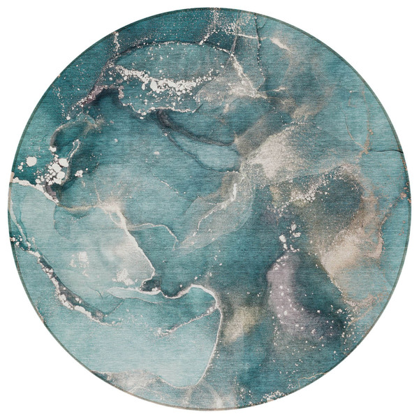 8' Round Teal Round Abstract Washable Non Skid Indoor Outdoor Area Rug N270-560333