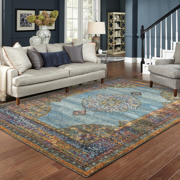 7' X 10' Blue and Beige Oriental Power Loom Area Rug N270-510137