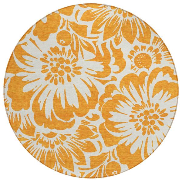 8' Round Orange and White Round Floral Washable Non Skid Indoor Outdoor Area Rug N270-562493
