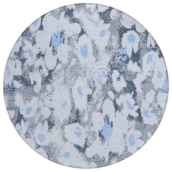 8' Round Denim Blue Round Floral Washable Non Skid Indoor Outdoor Area Rug N270-561710