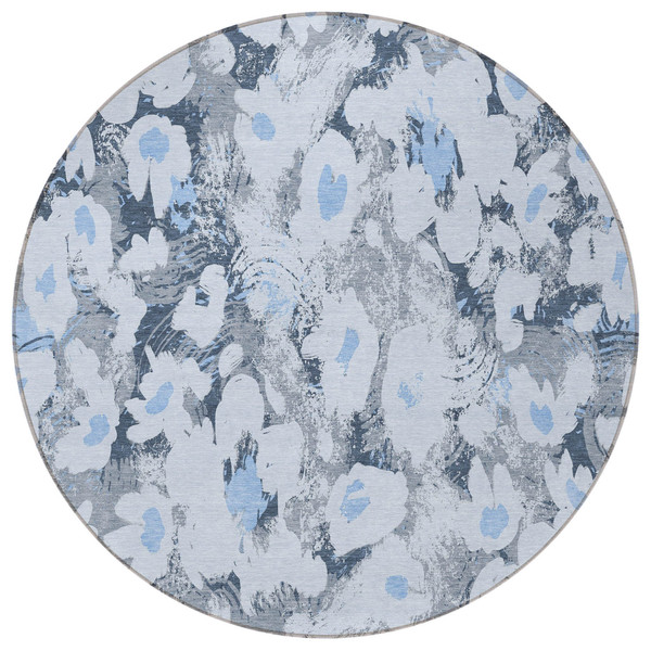 8' Round Denim Blue Round Floral Washable Non Skid Indoor Outdoor Area Rug N270-561710