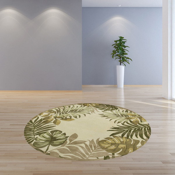 8' Ivory Hand Tufted Bordered Tropical Leaves Round Indoor Area Rug N270-350158