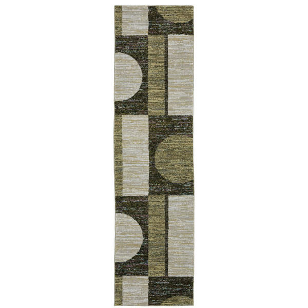 8' Runner Blue and Beige Geometric Power Loom Runner Rug N270-510818