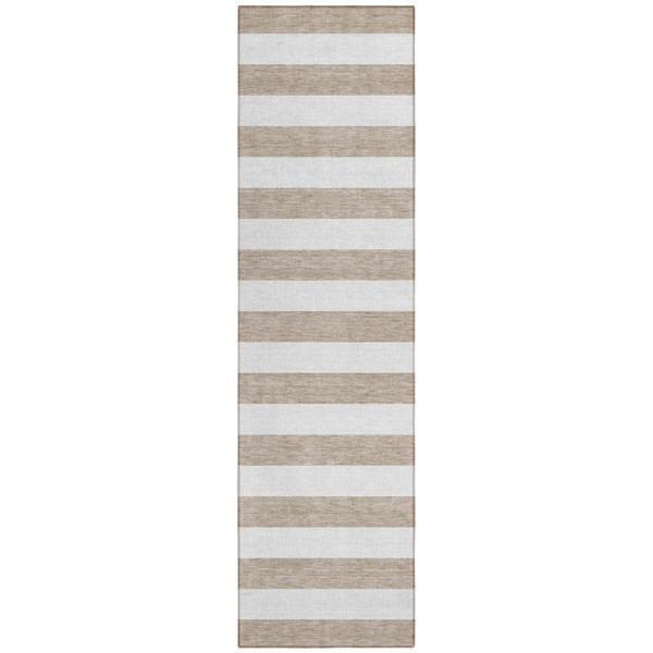 2' X 8' Taupe and White Striped Washable Indoor Outdoor Runner Rug N270-560952