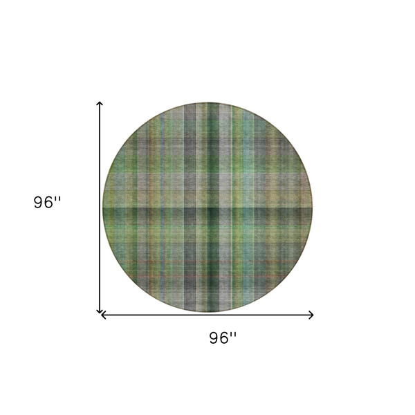 8' Round Green Round Plaid Washable Non Skid Indoor Outdoor Area Rug N270-562232