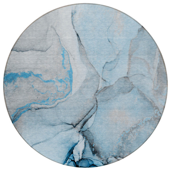 8' Round Blue and Ivory Round Abstract Washable Non Skid Indoor Outdoor Area Rug N270-559681