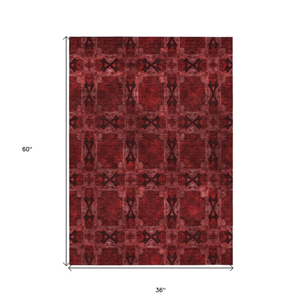 3' X 5' Burgundy and Black Floral Medallion Washable Non Skid Indoor Outdoor Area Rug N270-563397