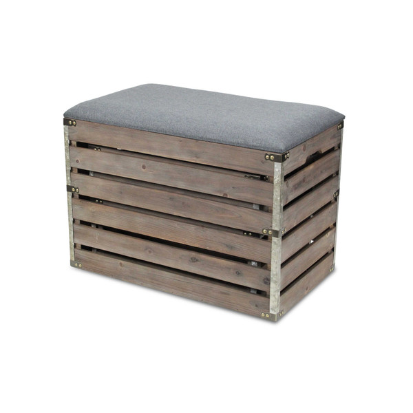 Set Of 2 Rectangular Gray Linen Fabric And Wood Slats Storage Benches N270-379836