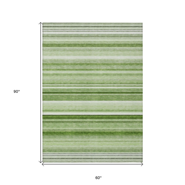 5' X 8' Artichoke Green Striped Washable Indoor Outdoor Area Rug N270-560982