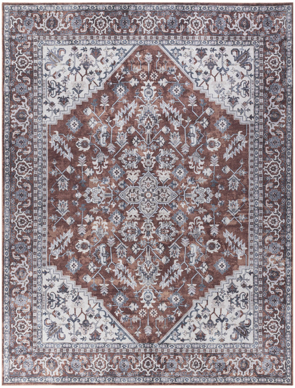 9' X 12' Red and Ivory Floral Power Loom Distressed Washable Area Rug N270-533123
