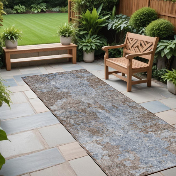 8' Runner Mocha and Blue Abstract Washable Non Skid Indoor Outdoor Runner Rug N270-564243