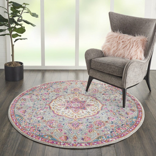 4' Pink And Gray Round Power Loom Area Rug N270-385520