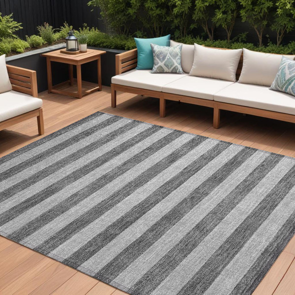 8' X 10' Gray and White Striped Washable Non Skid Indoor Outdoor Area Rug N270-561083