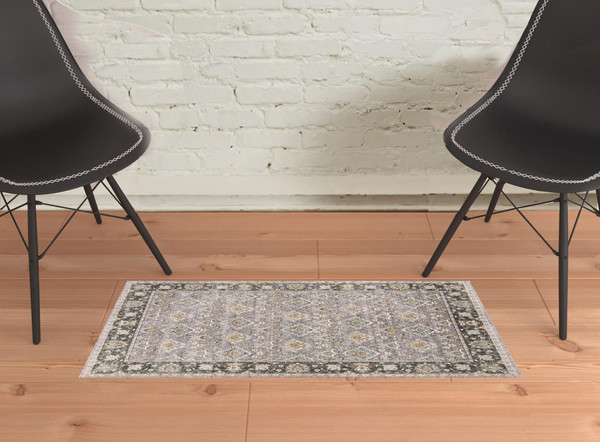 2' X 3' Grey And Blue Oriental Power Loom Stain Resistant Area Rug With Fringe N270-509429