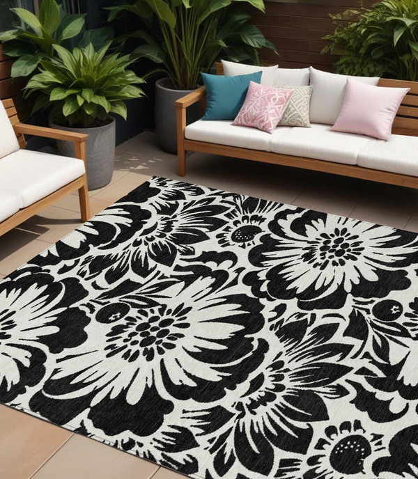 8' X 10' Black and Ivory Floral Washable Non Skid Indoor Outdoor Area Rug N270-562413